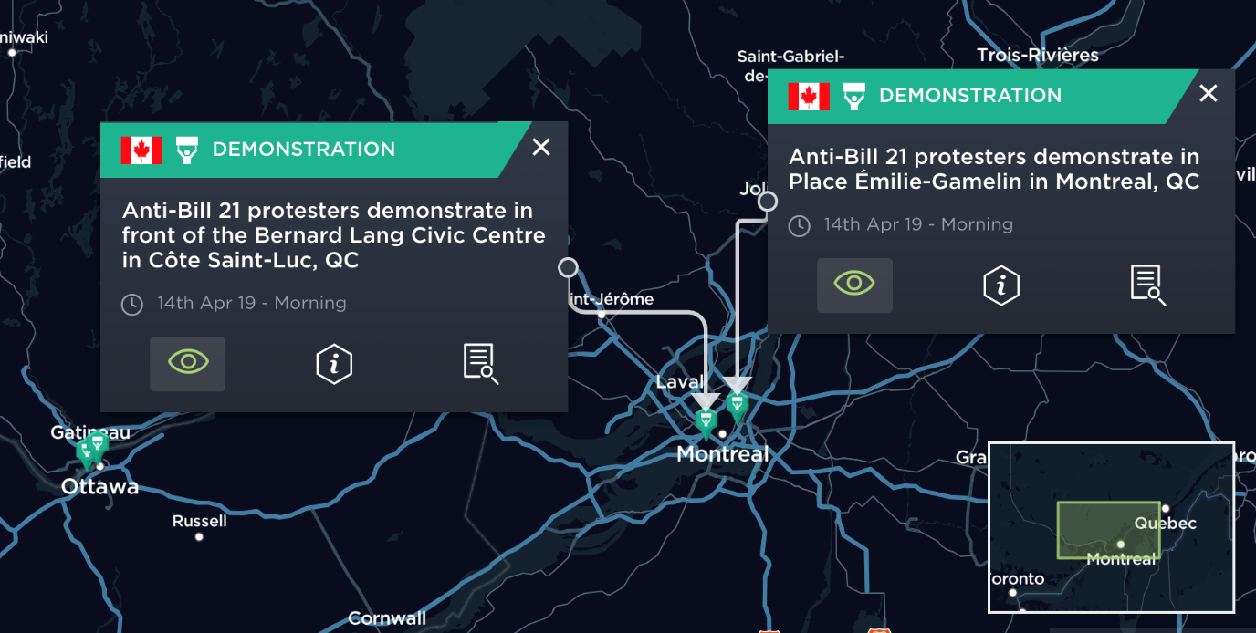 A map showing the locations of the anti-bill protests in Canada on 14th April 2019